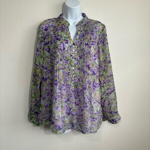 Coldwater Creek Long Sleeve Multicolor Floral Pintuck Blouse SzPM 10-11 Romantic